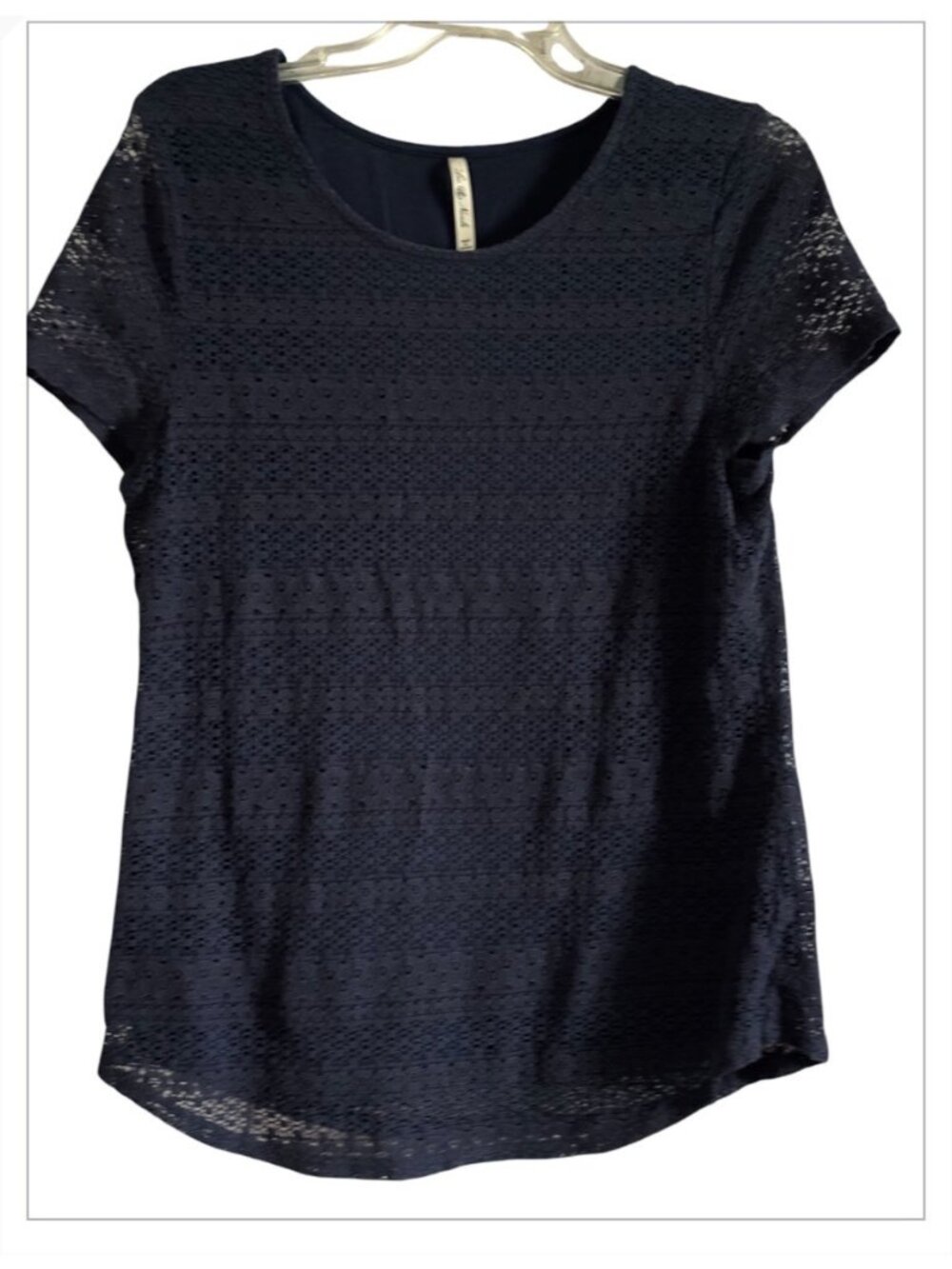 Leo & Nicole Navy Blue BOHO Feminine Top With Lace Overlay Size Large